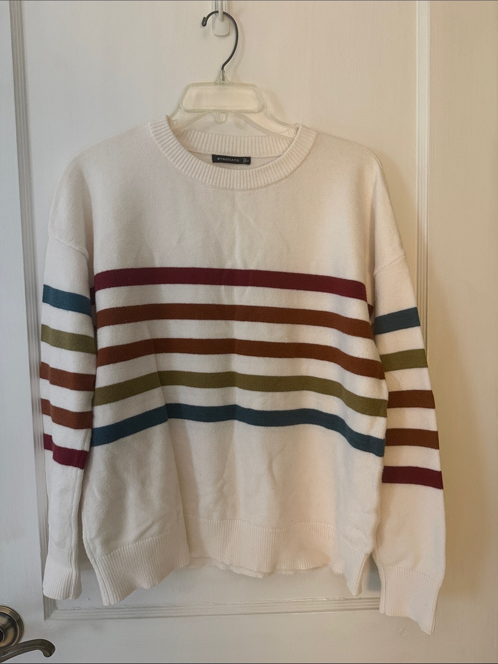 Staccato Cream Crewneck Sweater with Burgundy, Rust, Olive & Teal Stripes